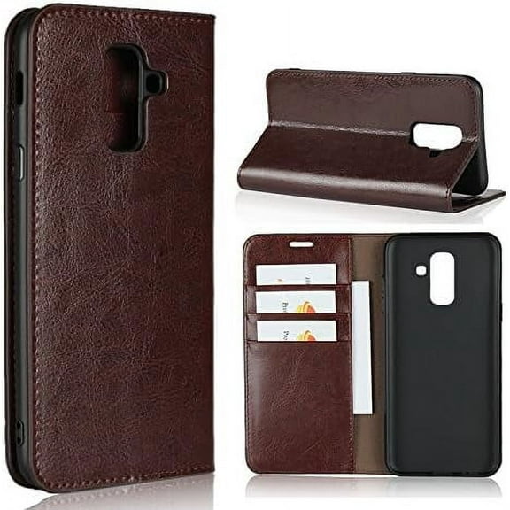 Samsung Galaxy A6 Plus 2018 Wallet Case, Premium Leather Folio Flip Case Cover Book Design with Kickstand Feature with Card Slots/Cash Compartment for Samsung Galaxy A6 Plus 2018 - Brown