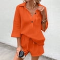 thumbnail image 6 of Women's Summer Linen 2 Piece Set V Neck 3/4 Sleeve Shorts Beach Casual, 6 of 8