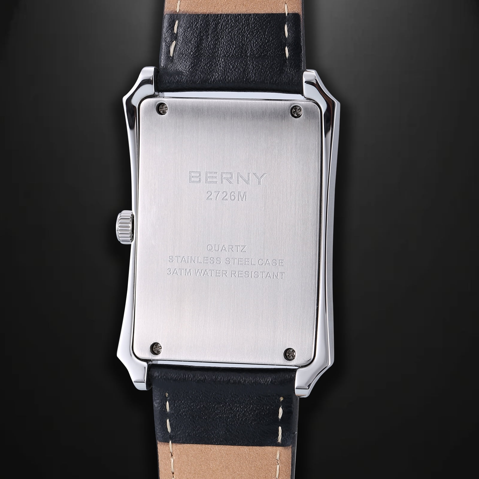 BERNY Men's Leather Watch, Vintage Stainless Steel Rectangular Case Roman Dial Dress Analog Watch with Date Calendar, Waterproof, Classic Business Quartz Wrist Watches for Men (Gray)