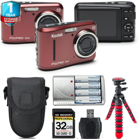 Kodak PIXPRO FZ43 Digital Camera (Red)   1 Yr Warranty  Tripod   Case -32GB Kit