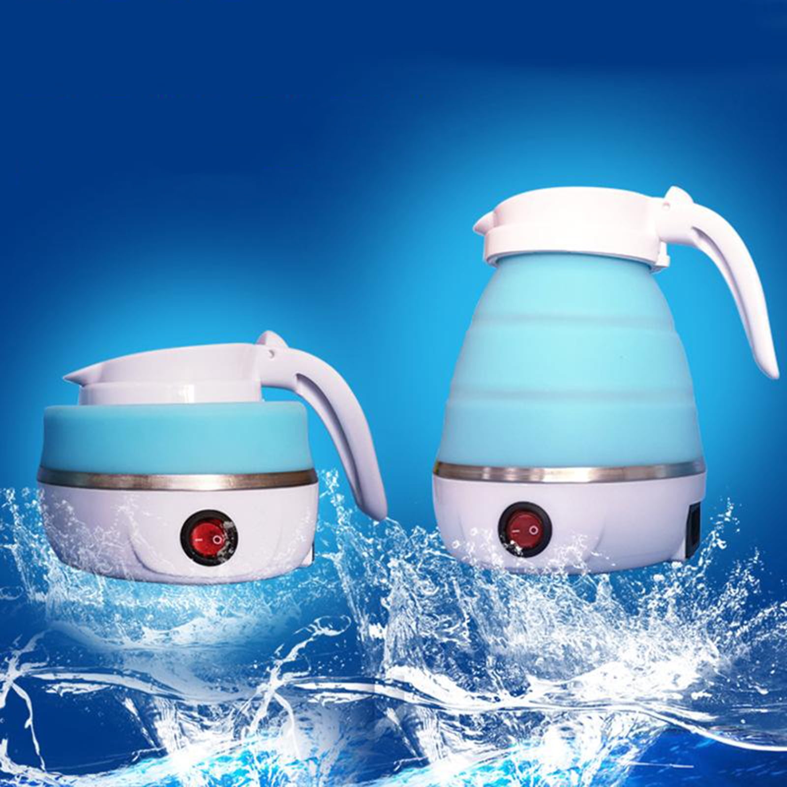 Travel Foldable Electric Kettle, Collapsible Food Grade Silicone Small  Kettle Boiling water,Dual Voltage（600ml,110-220V US Plug） (Blue)