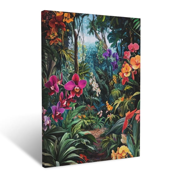 CozyNet Exotic Rainforest Clearing With Overlapping Plant Layers & Brightly Colored Orchids Wall Art Prints With Frame Canvas Perfect for Living Room & Bedroom, Ready to Hang, Wall Decor 12"x16"in