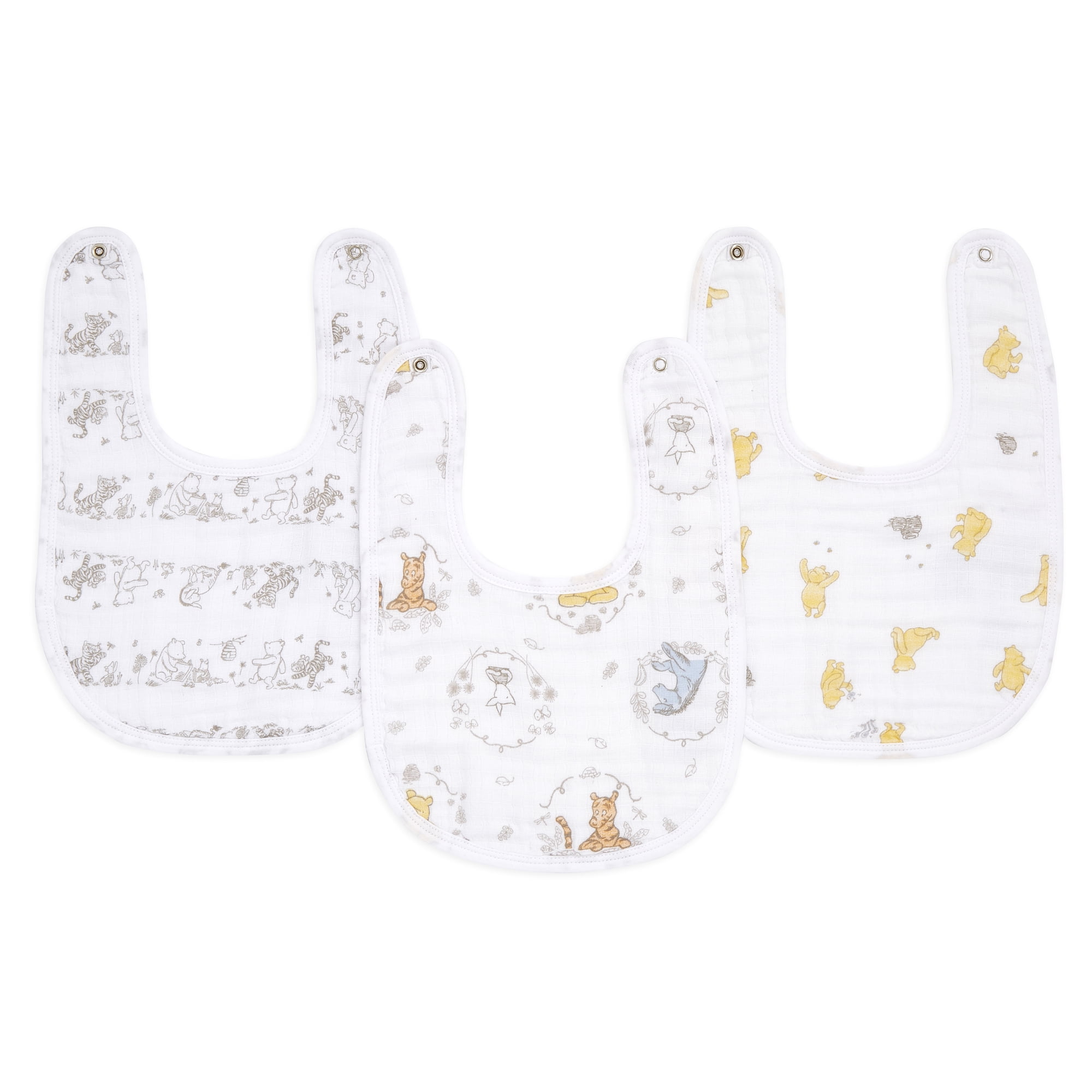 aden + anais Essentials Disney Winnie and Friends Girl's Adjustable Cotton Snap Bibs, Gray, 3 Piece