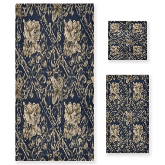 BZSMCE 3piece Bath Towel Sets Hand Bath Towels Fashion Navy Gold Damask Printed Towel Sets