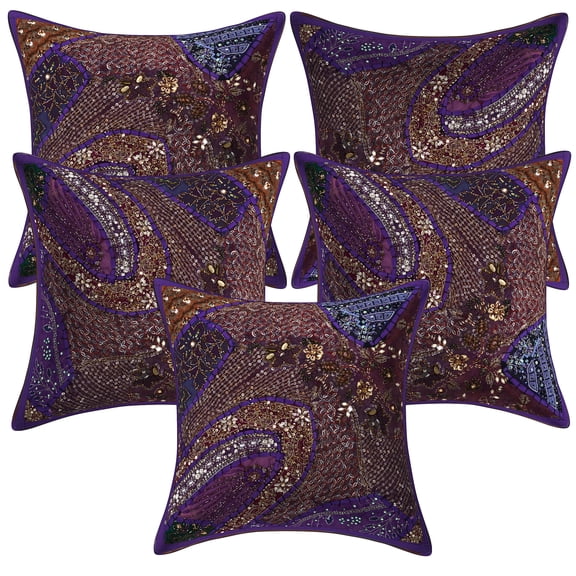 Stylo Culture Indian Cotton Home Decor Throw Pillow Covers Purple 16x16 Bohemian Beaded Sequins Patchwork Embroidered Sofa Cushion Covers 40 x 40 cm Decorative Neck Design Pillowcases | Set Of 5