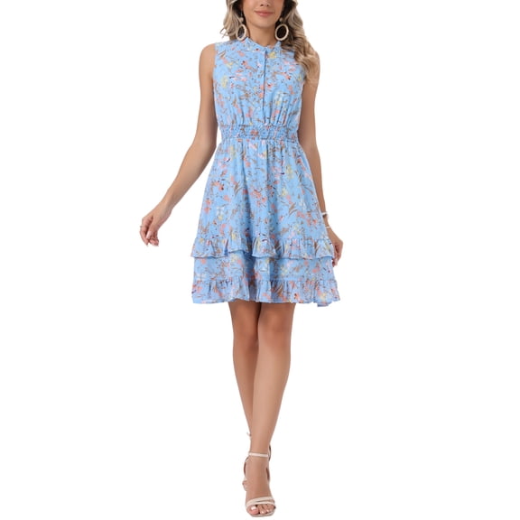 INSPIRE CHIC Women's Chiffon Dresses Smocked Chic Floral Sleeveless A-Line Mini Dress L Pale Blue