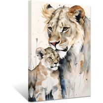 ZHONGYUTONG Lion Canvas Wall Art Lion Family Picture Prints Lion and Lioness Paintings Watercolor Animals Artwork Home Decor Framed (28.00" x 42.00")