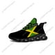 thumbnail image 1 of Zapatillas deportivas planas con bandera de Jamaica para hombre y mujer, de alta calidad, con cordones y malla, hechas a medida, color negro., 1 of 6