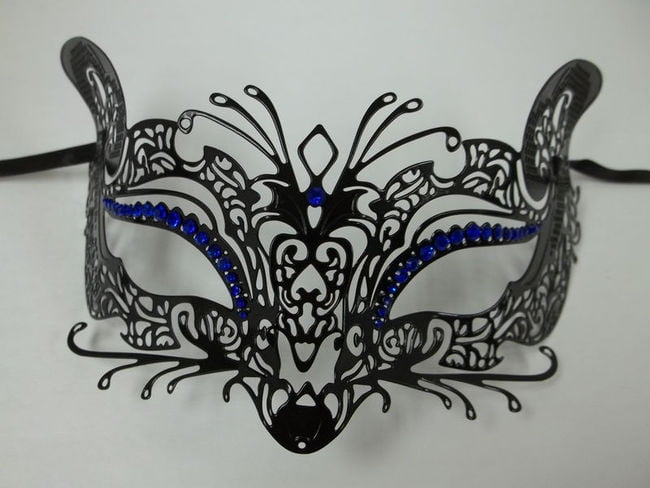 Delicate Fine Black Venetian Laser Cut Masquerade Mask with Clear Rhinestones 