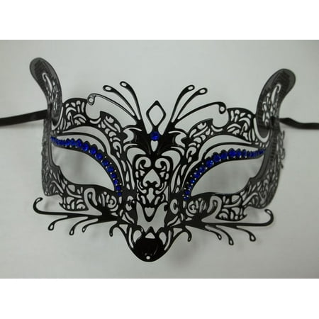Black Blue Fox Cat Rhinestone Laser Cut Venetian Mask Masquerade Metal Filigree