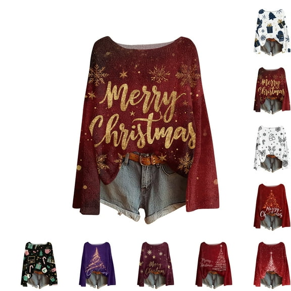 Women's Round Neck Lightweight Sweater Casual Long Sleeve Christmas Print Knit Pullover for Fall and Winter, Merry Christmas Design, Cozy and Festive, Great as Christmas Sweaters for Women ,Black,L