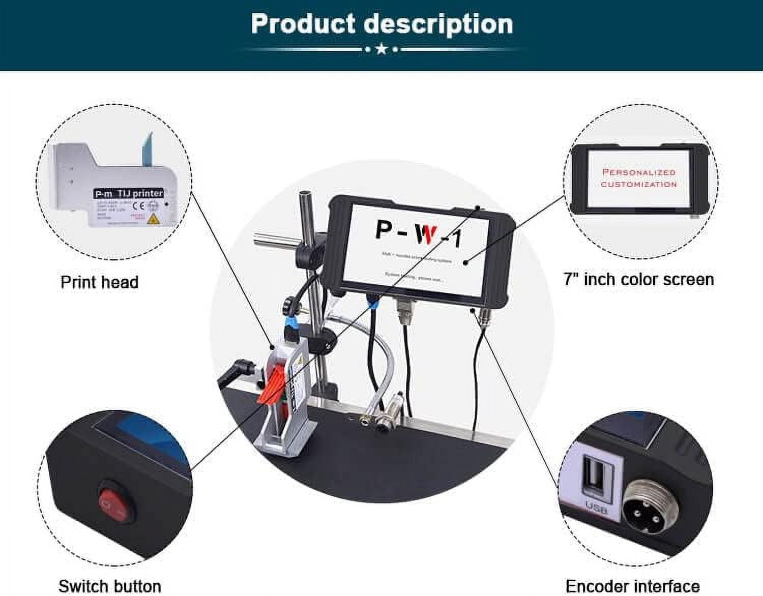 Phezer 0.5inch/12.7mm Automatic Inkjet Coding Machine for Production Line, 23 Languages, Intelligent Variable Data/Date/Logo/Barcode/Image Thermal Inkjet Printer, (1 Nozzle Support, 0-70M/min)