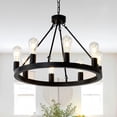 thumbnail image 2 of 6-Light Matte Black Wagon Wheel Chandelier - Farmhouse Modern Small Round Ceiling Fixture for Living Room, Kitchen Island, Entryway, Bedroom, Dining Room, Hallway Hanging Light, 2 of 9