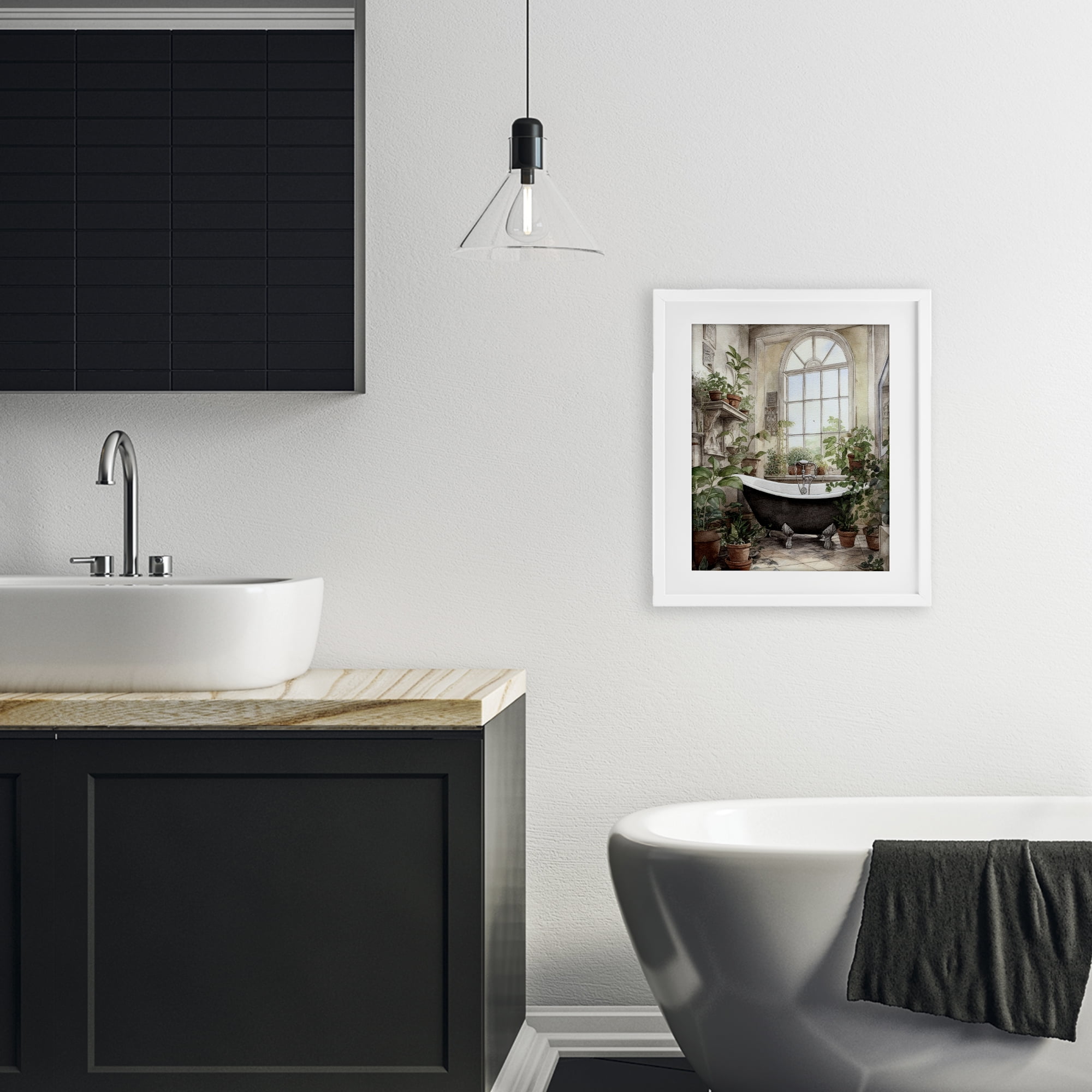 Vintage Sun Lit Bathtub White Framed Print Under Glass, design by Lettered and Lined