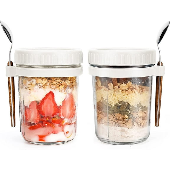 2-Pack Overnight Oatmeal Jars, 10 oz Cereal, Milk, Vegetable and Fruit Salad Storage Containers with Measurement Markings (WHITE)