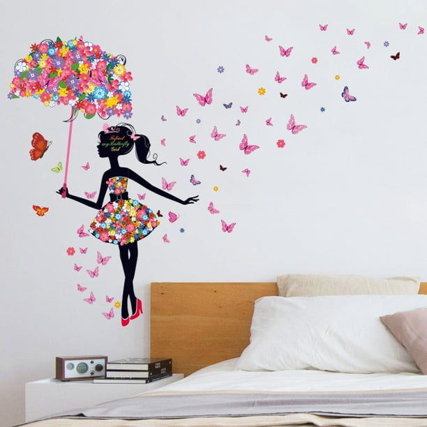 Tanlaby Calcomanías De Pared De Flores De Amapola Roja, Calcomanías De Pared De Mariposas Florales De Acuarela Para Despegar Y Pegar, Decoración Artística Para Niñas, Dormitorio, Sala De Estar, Fondo