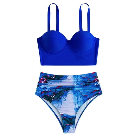 Sngxgn Women s High Waisted Bikini Sets Two Piece Swimsuits Cheeky High Cut Bathing Suits(Blue S)