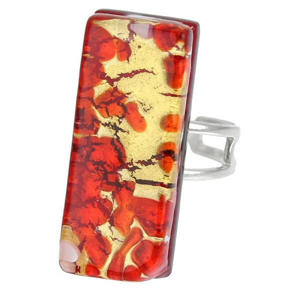 GlassOfVenice Murano Glass Venetian Reflections Rectangular Adjustable Ring - Red Gold
