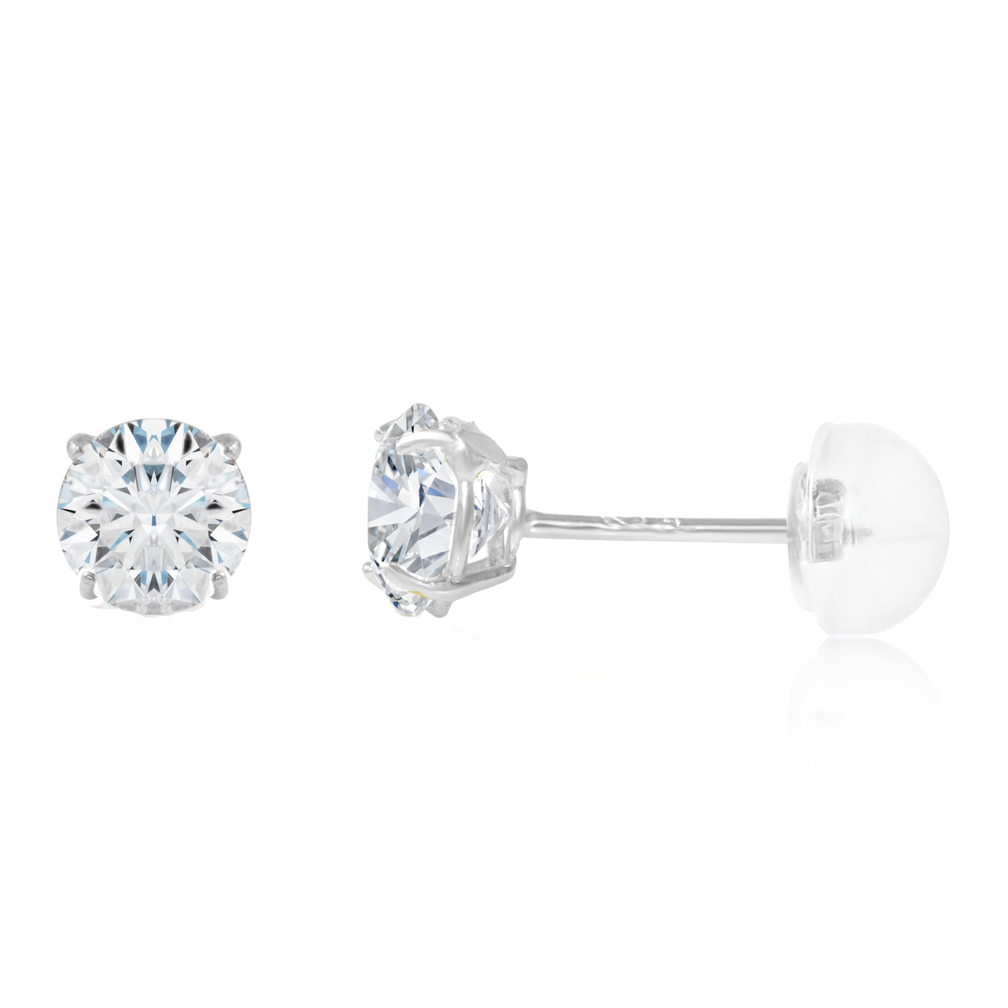 CZ Solitaire Round Stud Earrings 14k White Gold Earring Studs Push Back Silicone Basket Cubic Zirconia
