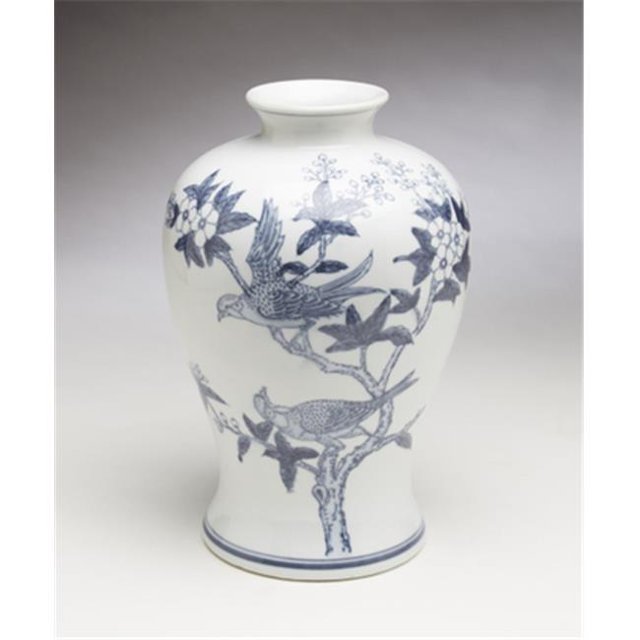 AA Importing 59844 Flower & Leaf Design Vase, Blue & White