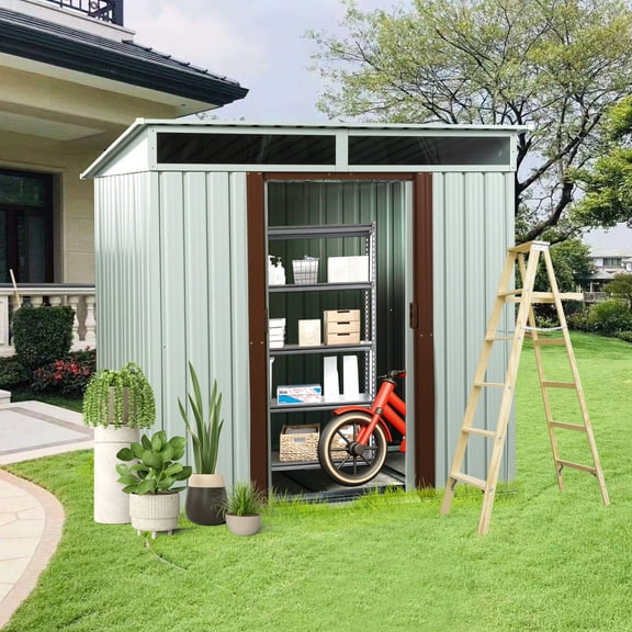 Yiwa 6x5 FT Outdoor Metal Storage Shed – Waterproof Tool Shed with Sliding Lockable Doors, Window & Floor Frame – White Galvanized Steel Shed for Garden, Lawn Equipment & Bikes