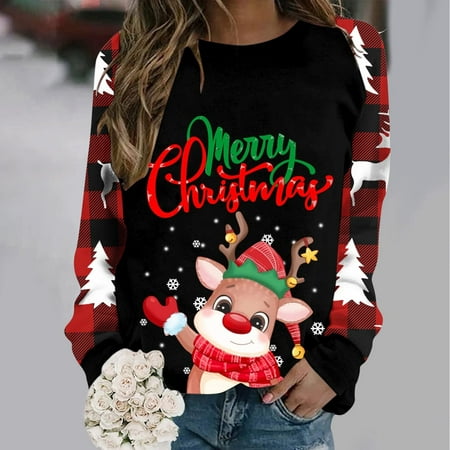

jsaierl Womens Christmas Sweatshirts Round Neck Long Sleeve Shirts Christmas Deer Plaid Graphic Tops Dressy Casual 2022 Blouse Tee Xmas Pullover