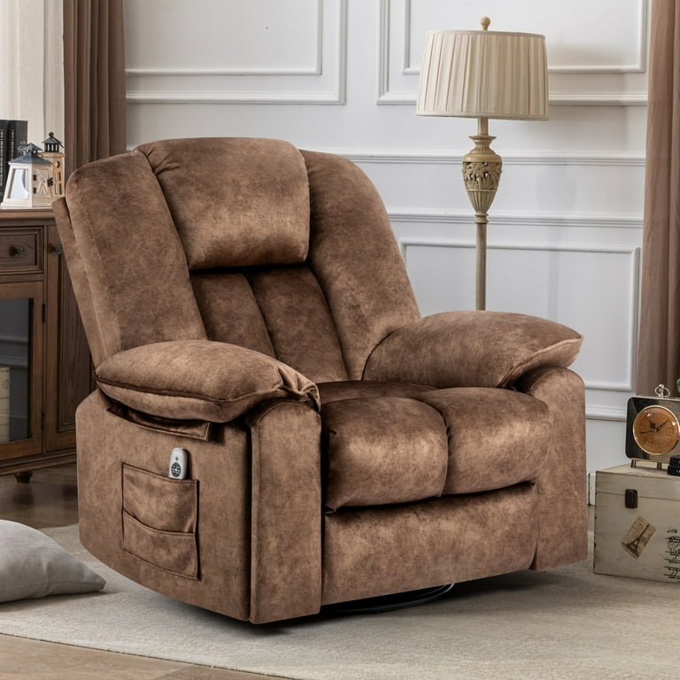 Modern Designed Big Man Oversize Manual Swivel Rocking Recliner With Heating Vibration and Hidden Cup holders Brwon