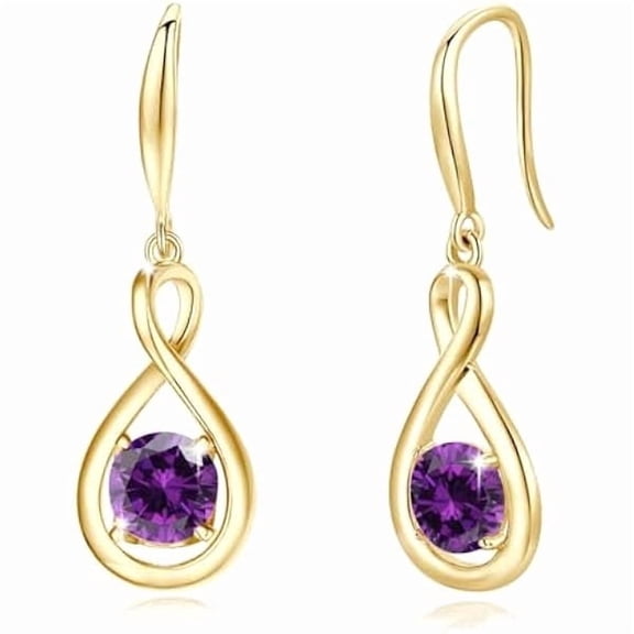 FANCIME 925 Sterling Silver Infinity Amethyst Dangle Earrings for Women Yellow Gold Plated with February Birthstone