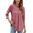 thumbnail image 3 of Rejlun Ladies Tee 3/4 Sleeve T-shirt V Neck T Shirt Casual Tops Loose Dailywear Tunic Blouse Pink 2XL, 3 of 4