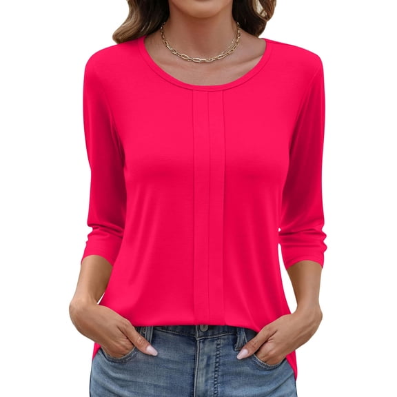 Stichou 3/4 Length Sleeve Womens Tops 2026 Casual Crewneck Spring Summer Pleated Tunic Tops Beach Vacation T Shirts Hot Pink L