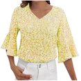 thumbnail image 2 of Maoxin 3/4 Length Sleeve Womens Tops Women‘s Casual Oversize Solid Floral Print V Neck Hooded 3/4 Sleeved Blouse 3/4 Sleeve Plus Size Tops for Women Yellow 2XL, 2 of 7