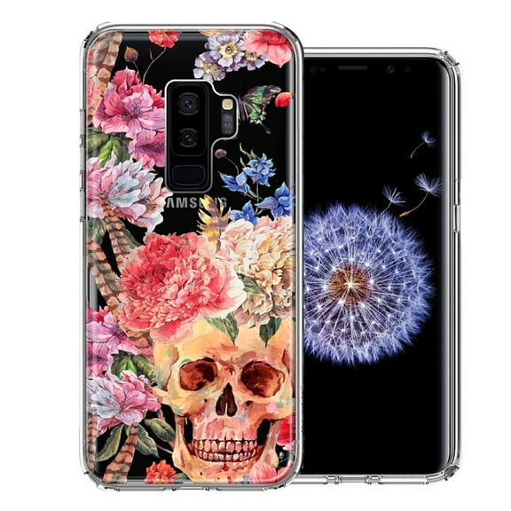 MUNDAZE Case For Samsung Galaxy S9 Plus Indie Spring Peace Skull Feathers Floral Butterfly Flowers Phone Cover