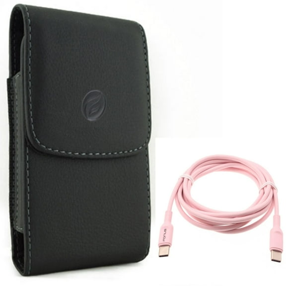 USB-C to Type-C Pink 6ft Long Cable w Leather Case Belt Clip for Samsung Galaxy A73 5G,A13 5G,A03s Phones - PD Fast Charger Cord Power Wire, Holster Cover Pouch Vertical