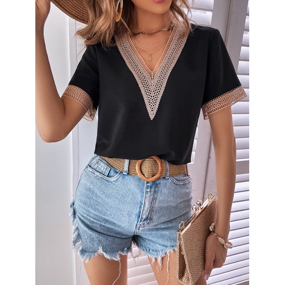 Womens Short Sleeve Summer Tops Lace Trim V Neck Blouses Casual Shirts