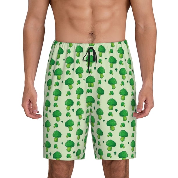 Balery Broccoli 1 Pantalones cortos de pijama de punto de algodón para hombre con cinturilla y bolsillos-Small