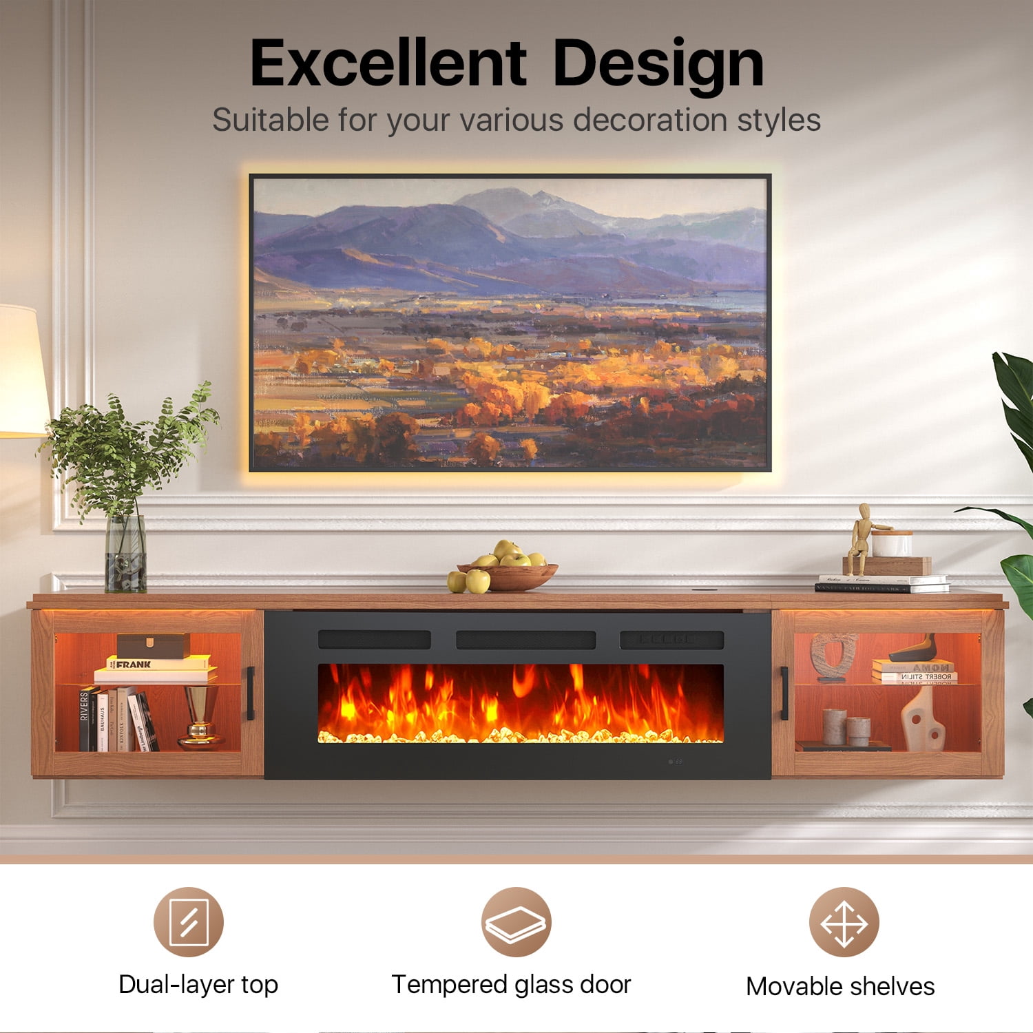 Sonegra Floating Fireplace TV Stand for TVs up 80", Wall Mounted Fireplace Entertainment Center, 70" Console Table with Electric Fireplace, Brown, WI-FI Enabled