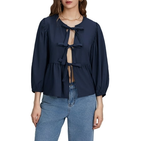 GuliriFei Women Teen Girls Y2K Puff Short Sleeve Peplum Shirts Tie Front Ruffle Hem Babydoll Blouse Tops Lace up Summer Tops