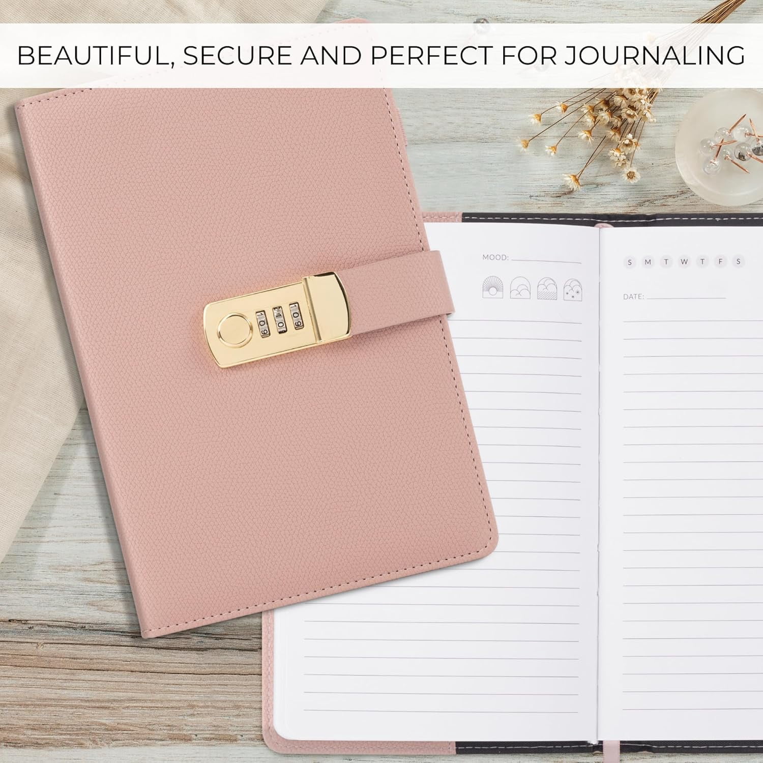Aesthetic Diary with Lock - Beautiful Leather Journal with Easy to Change Code Lock & Refillable Pages - Quality 8.5x5.6” Planner for Women with Bookmark & Pen Holder to Protect Thoughts & Memories
