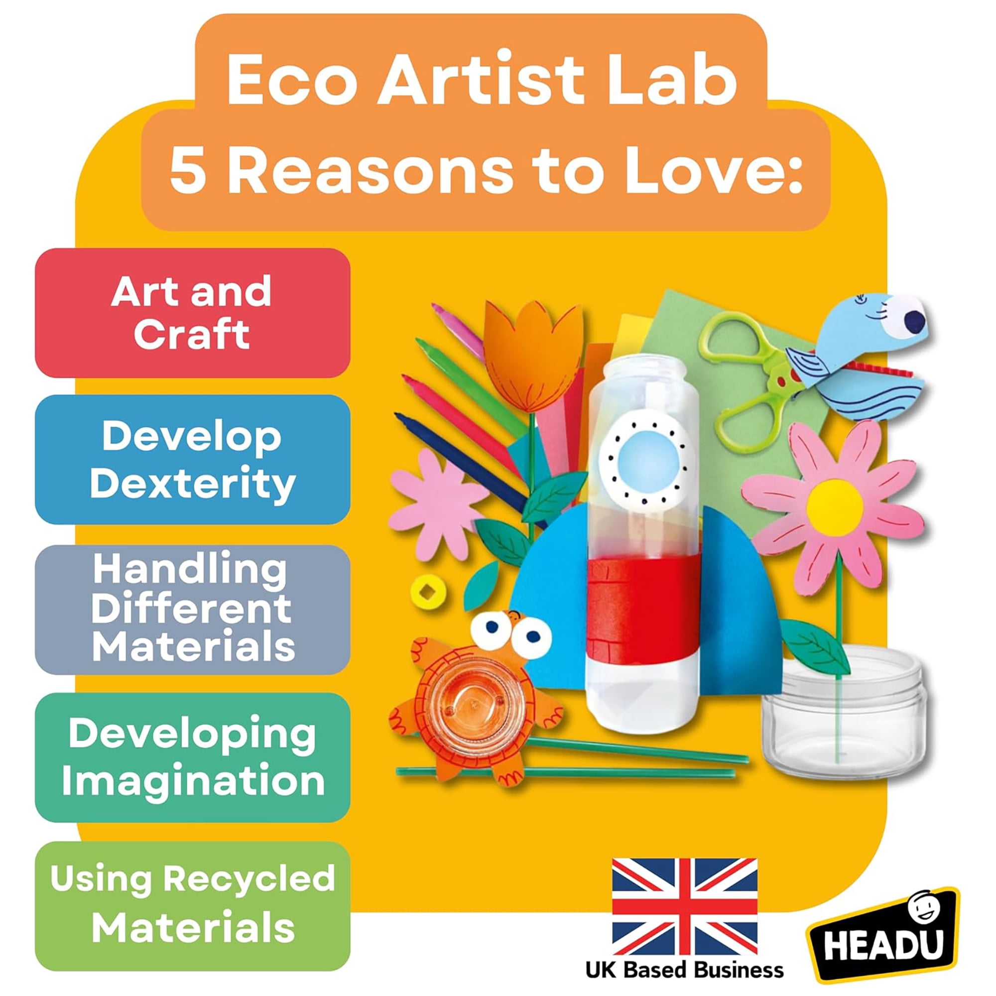 Headu: Eco Artist Lab - Transform Plastics Into Creations, DIY Characters & Objects, Cardboard Shapes, Felt Pens, Plastic Straws-Bottle-Tub, Kids 4+