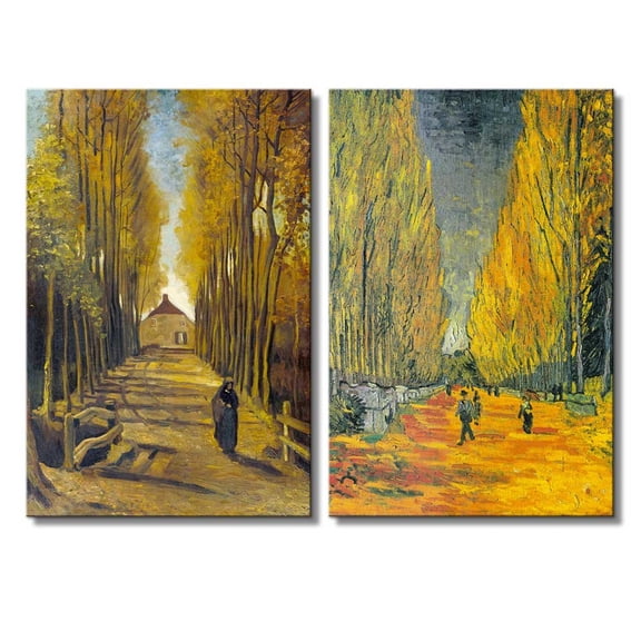 wall26 - Les Alyscamps (Avenue in Arles) / Avenue of Poplars in Autumn by Vincent Van Gogh - Oil Painting Reproduction in Set of 2 | Canvas Prints Wall Art, Ready to Hang - 16" x 24" x 2 Pa