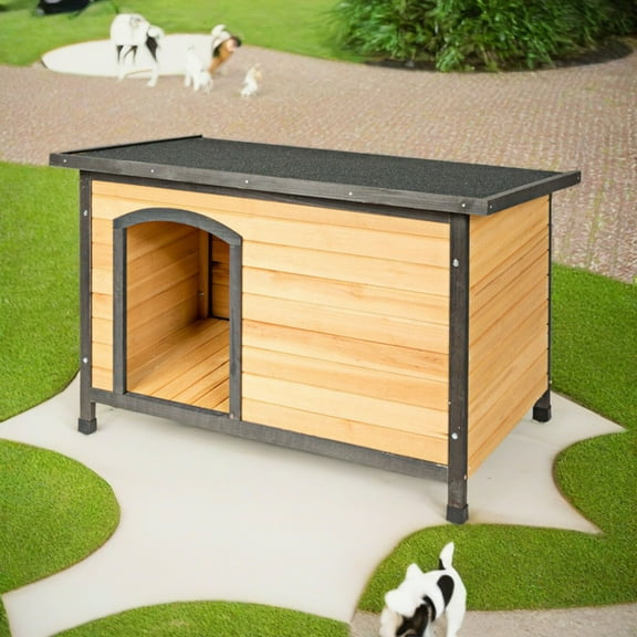 Pefilos 45" Outdoor Wood Dog Houses with Hinged Roof for Medium Dogs, Weatherproof Pet Cat House, Removable Floor, Beige