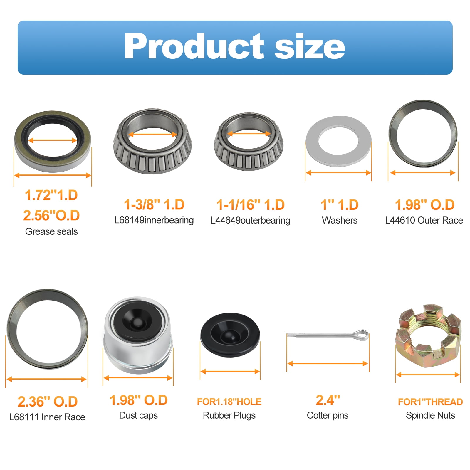 2 Set L68149 L44649 Trailer Axle Bearings Kit with 171255TB Grease Seals,1.98'' Trailer Dust Caps, Cotter Pins, Axle Nuts & Washers, Fits for 1-3/8'' to 1-1/16'' 3500 Lbs Trailer Axle #84 Spindle
