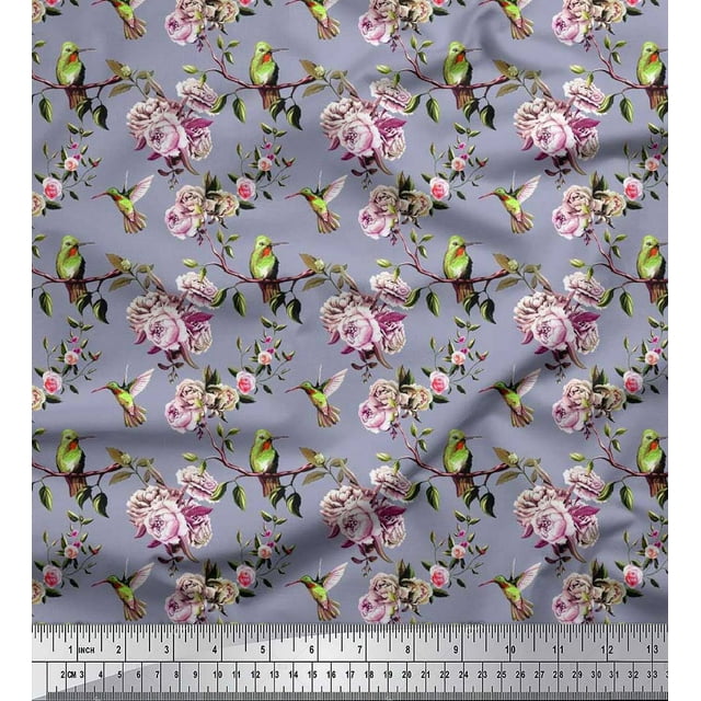 Soimoi Moss Georgette Fabric Hummingbird,Leaves & Rose Floral Print Sewing Fabric Yard 42 Inch Wide