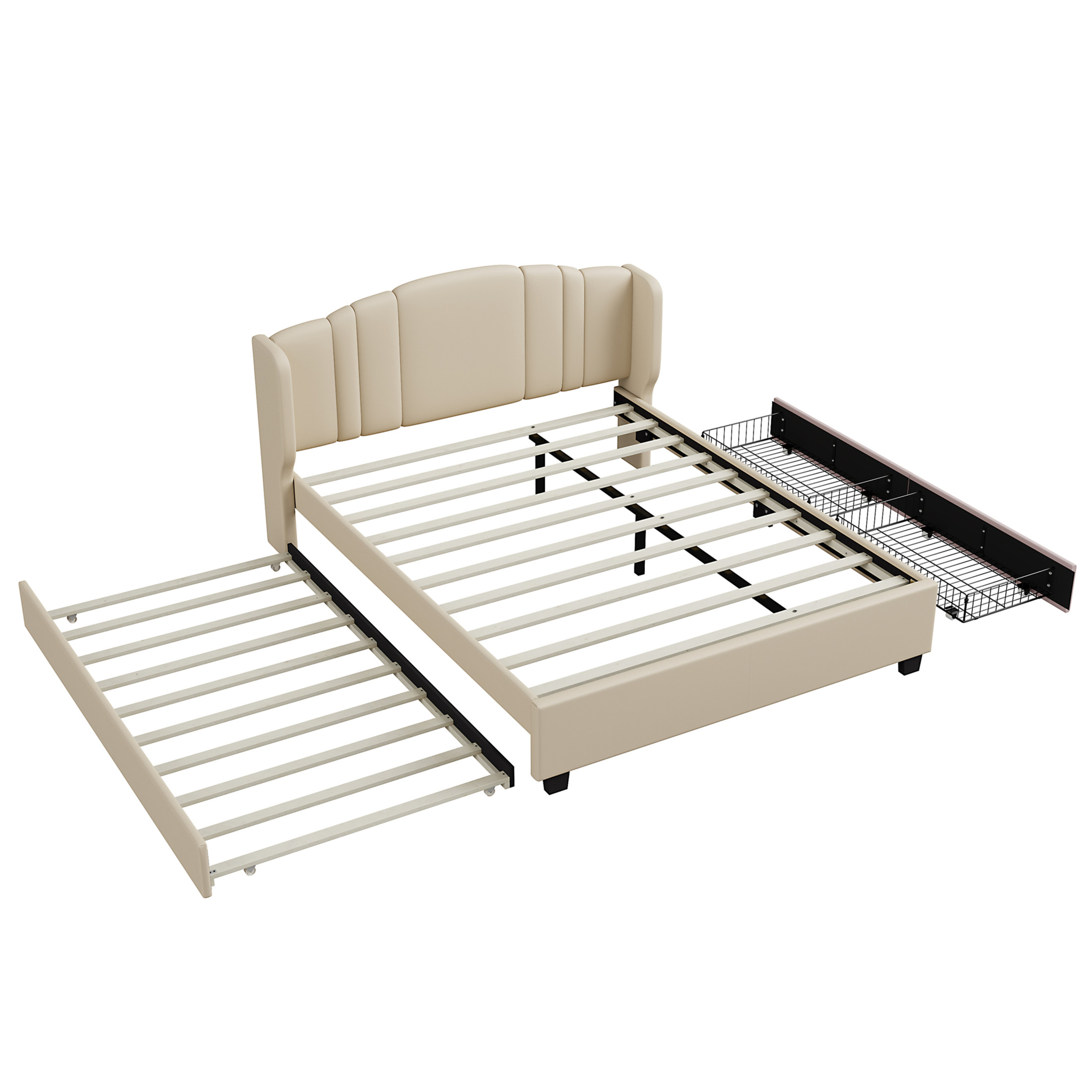 Noble House Queen Linen Upholstered Bed with Wingback Headboard, Twin Trundle & 2 Drawers, Beige