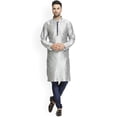 thumbnail image 1 of eloria Men's Traditional Silk Blend Solid Silver-Toned Kurta With Navy Blue Churidar Pyjama, 1 of 7