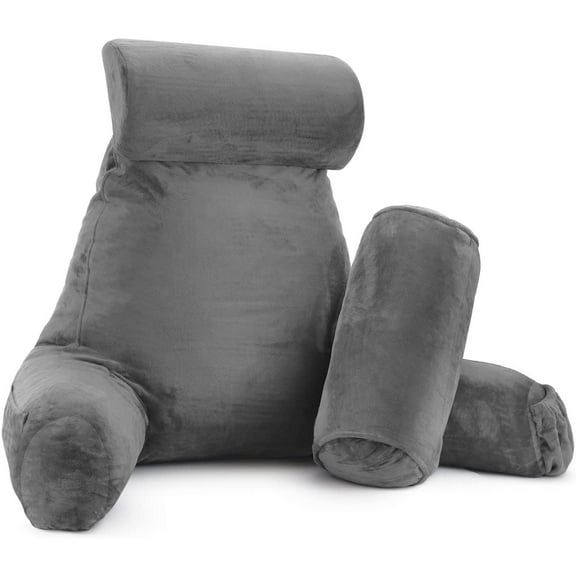 Nestl Reading Pillow, Extra Large Bed Rest Pillow with Arms – Premium Shredded Memory Foam TV Pillow, Detachable Neck Roll & Lumbar Support Pillow - Gray