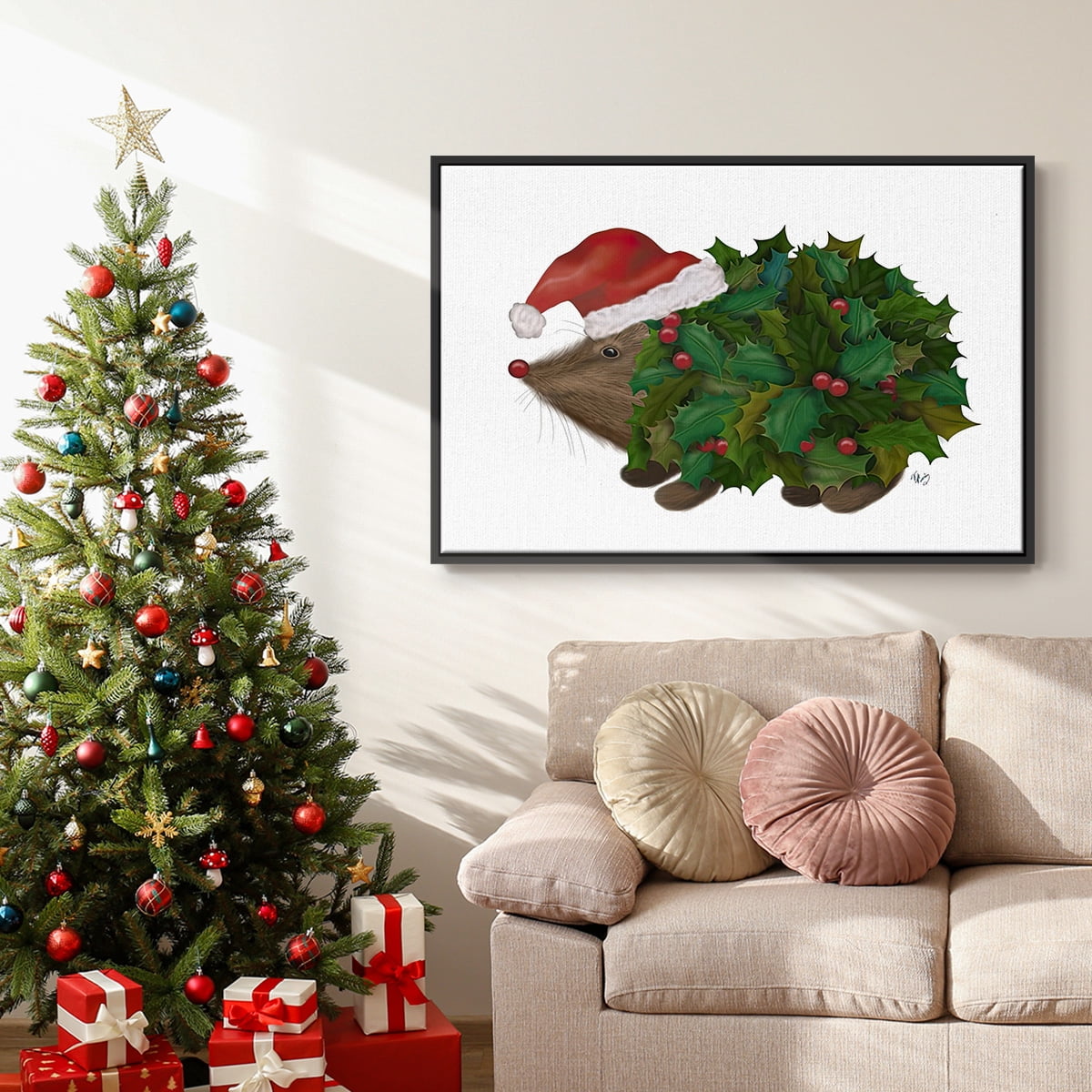 Christmas Holly Hedgehog - Framed Gallery Wrapped Holiday Canvas - 25 x 37 - Black Frame