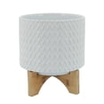 thumbnail image 1 of Benjara BM266287 Ceramic Planter with Chevron Pattern & Wooden Stand, White - Small, 1 of 5