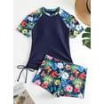 thumbnail image 1 of Tropical Plant Print Drawstring 2 Piece Set Rush Guard Tankini, Short Sleeve Crew Neck Stretchy Sun Protection Patchwork Top Shirt & Boxer Shorts Swimsuit For Surfing Water Sport, Women's Swimwear & C, 1 of 5