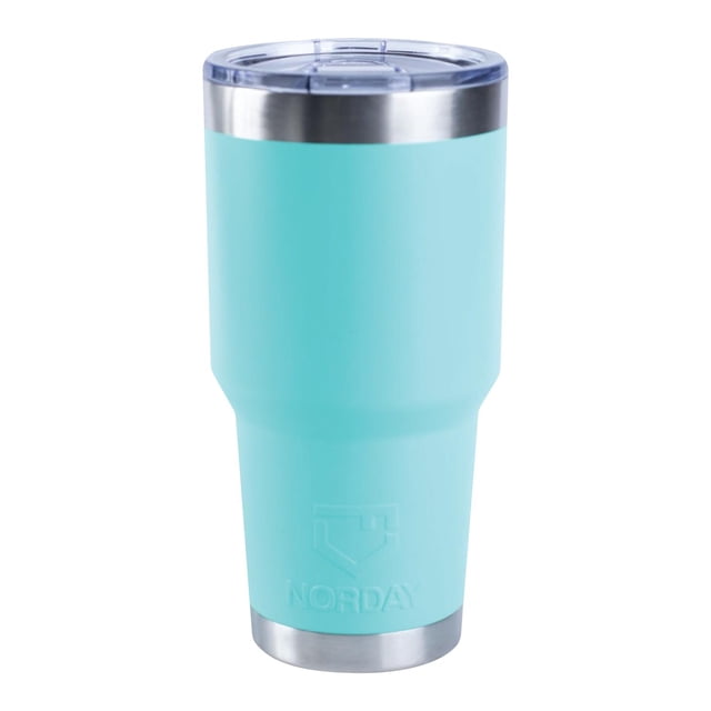 vaso térmico norday de 30oz 900ml tapa turquesa vaso térmico Norday 30 oz (900 ml) en color turquesa, vista frontal centrada; cuerpo cónico con acabado mate y logo NORDAY en relieve, borde superior y base de acero inoxidable y tapa transparente con cierre deslizante. Ideal para llevar bebidas frías o calientes; suele usarse en viajes y actividades al aire libre.